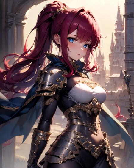01019-2956601664-masterpiece, best quality, detailed, castle, 1girl, standing, armor, red hair, ponytail, blue eyes, medium breasts, looking at v.png